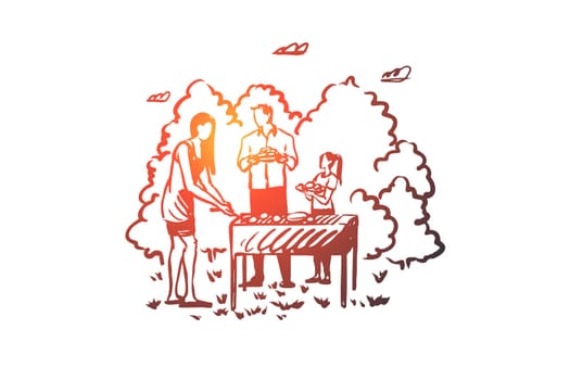 Barbecue, family, grill, bbq, food concept. Hand drawn family time and bbq outdoor concept sketch. Isolated vector illustration.