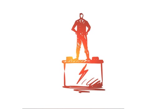 Auto, electronics, car, service, transport concept. Hand drawn man standing on car battery concept sketch. Isolated vector illustration.