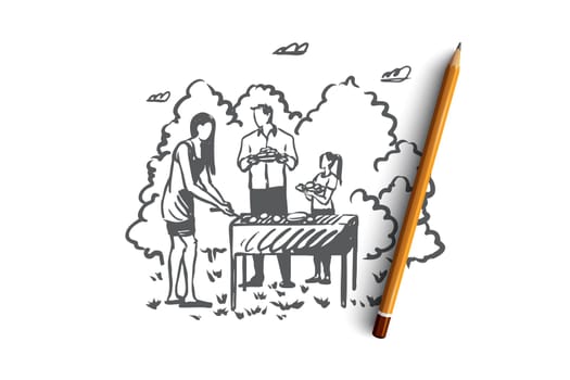Barbecue, family, grill, bbq, food concept. Hand drawn family time and bbq outdoor concept sketch. Isolated vector illustration.