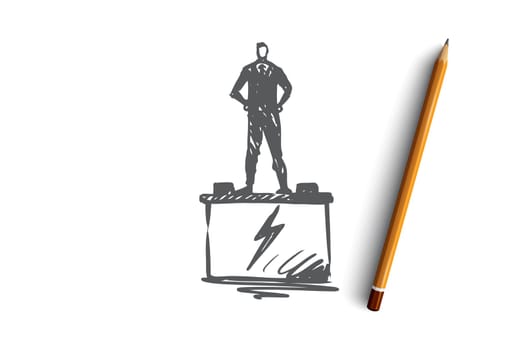 Auto, electronics, car, service, transport concept. Hand drawn man standing on car battery concept sketch. Isolated vector illustration.