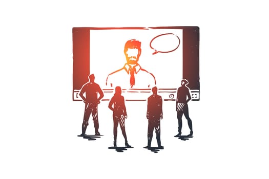 Online, learning, system, web, training concept. Hand drawn screen with webinar and listeners concept sketch. Isolated vector illustration.