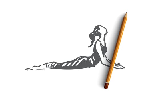 Bend, health, body, yoga, pose concept. Hand drawn woman in yoga pose concept sketch. Isolated vector illustration.