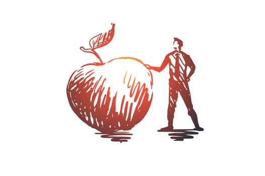 Apple, food, fruit, fresh, organic concept. Hand drawn man and big apple concept sketch. Isolated vector illustration.