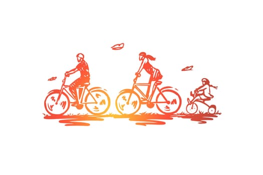 Bicycle, walk, sport, family, active concept. Hand drawn family activity with bikes concept sketch. Isolated vector illustration.