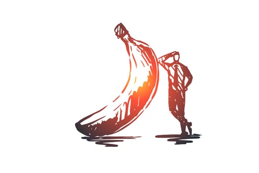 Banana, food, fruit, fresh, organic concept. Hand drawn man in suit stands near banana concept sketch. Isolated vector illustration.