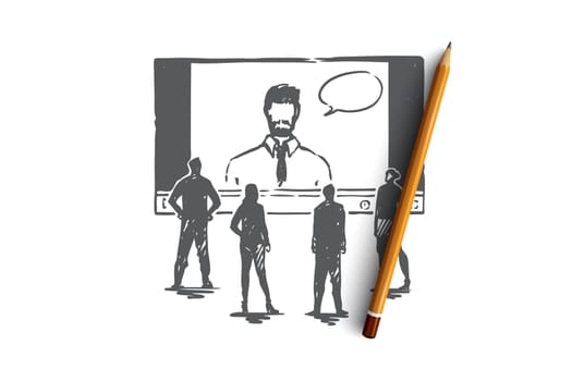 Online, learning, system, web, training concept. Hand drawn screen with webinar and listeners concept sketch. Isolated vector illustration.