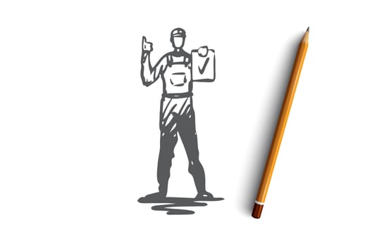 Builder, worker, helmet, repair, engineer concept. Hand drawn builder service man concept sketch. Isolated vector illustration.