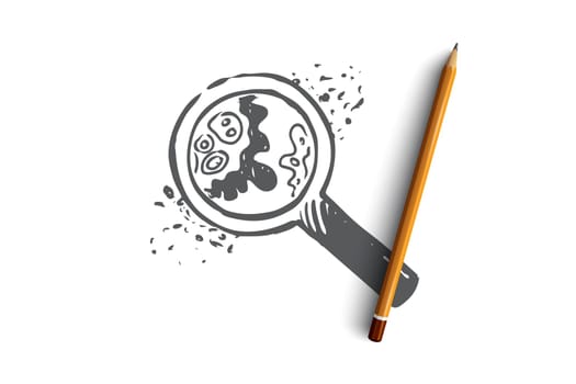 Biology, science, cell, bacteria, magnifying glass concept. Hand drawn bacteria and cells under magnifying glass concept sketch. Isolated vector illustration.