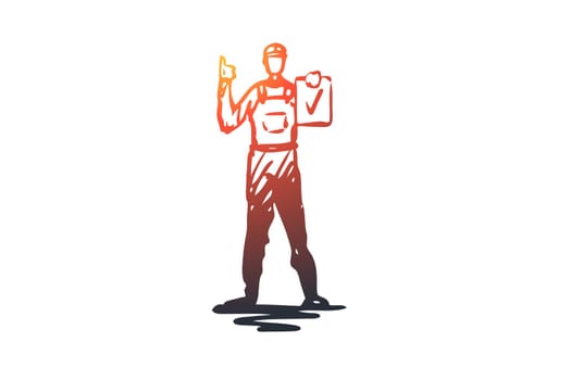 Builder, worker, helmet, repair, engineer concept. Hand drawn builder service man concept sketch. Isolated vector illustration.