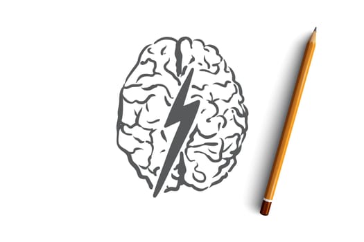 Brainstorm, creative, brain, mind, power concept. Hand drawn human brain and thunder concept sketch. Isolated vector illustration.