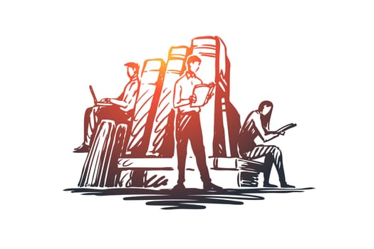 Book, library, education, literature, knowledge concept. Hand drawn people reading books in library concept sketch. Isolated vector illustration.