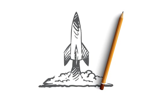 Career, rocket, business, success, flying concept. Hand drawn flying rocket as symbol of success business concept sketch. Isolated vector illustration.