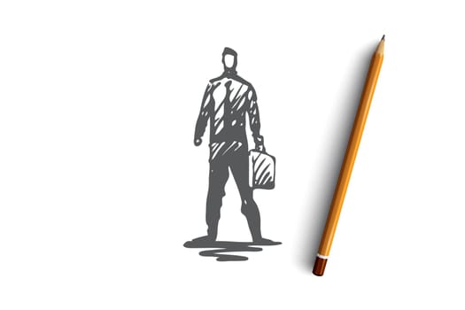 Businessman, manager, success, finance, business concept. Hand drawn businessman in suit with suitcase concept sketch. Isolated vector illustration.