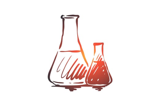 Chemistry, flask, science, laboratory, glass concept. Hand drawn laboratory flasks with liquid concept sketch. Isolated vector illustration.