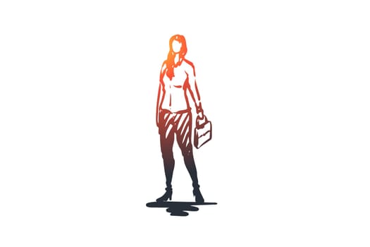 Businesswoman, female, suit, job, office concept. Hand drawn businesswoman in suit with suitcase concept sketch. Isolated vector illustration.