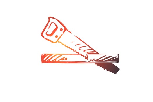 Carpenter, handyman, wood, worker, tool concept. Hand drawn saw and wood concept sketch. Isolated vector illustration.