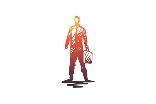 Businessman, manager, success, finance, business concept. Hand drawn businessman in suit with suitcase concept sketch. Isolated vector illustration.