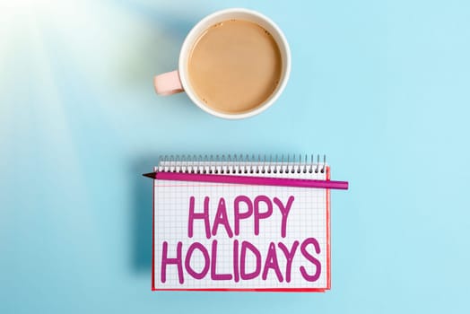 Hand writing sign Happy Holidays, Business approach Made a short journey by a group of showing for pleasure Display of Different Color Sticker Notes Arranged On flatlay Lay Background