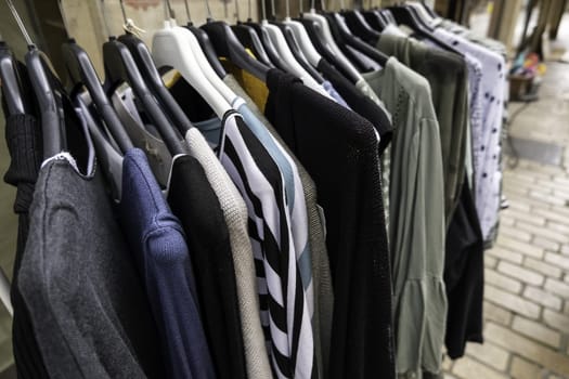 Detail of clothes in a store, exhibition of textile products
