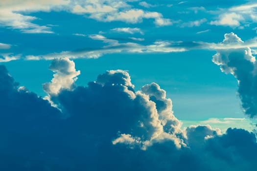 Panoramic view of bright blue sea, blue sky with fluffy white clouds