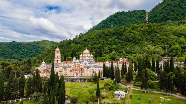 Top view of Orthodox monastery in Novy Afon, Abkhazia.  Christian temple in New Athos. Photo from above.