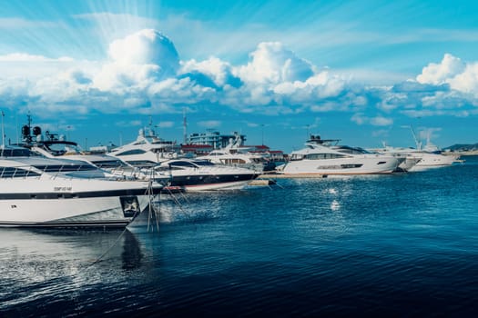 Sailing yachts and private boats at pier in Sochi seaport. yachts in the Bay at the seaport in Sochi city center. RUSSIA