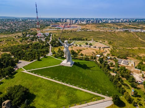 Volgograd, Russia. Aerial view of the statue "The Motherland calls"" after restoration on the top of The Mamaev Hill"