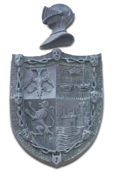 Medellin, Spain - April 3rd, 2021: Hernan Cortes coat of arms. Hernan Cortes Monument, Medellin, Extremadura, Spain