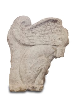 Medellin, Spain - April 28th, 2018: Winged lion sculpture. Medellin Roman Theatre Visitor Centre, Extremadura, Spain