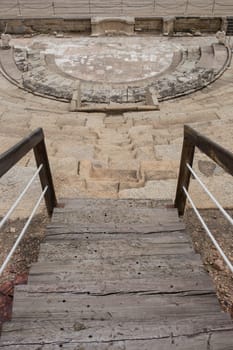Medellin, Spain - April 28th, 2018: Roman theatre of Medellin, Spain. High view from grandstand to stage