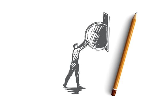 Coins, gold, money, success, cash concept. Hand drawn man put coin in moneybox concept sketch. Isolated vector illustration.