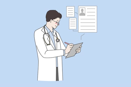 Man doctor in white medical uniform fill patient data on modern tablet. Electronic hospital client profile on device. GP have online consultation. New technology, medicine. Vector illustration.