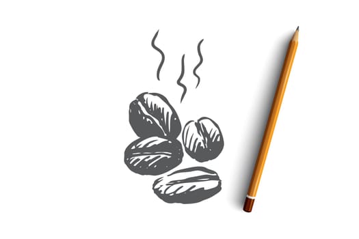 Coffee, beans, drink, espresso, grain concept. Hand drawn fragrant roasted coffee beans concept sketch. Isolated vector illustration.