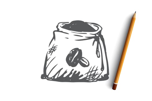 Coffee, beans, sack, roasted, seed concept. Hand drawn roasted coffee beans in sack concept sketch. Isolated vector illustration.
