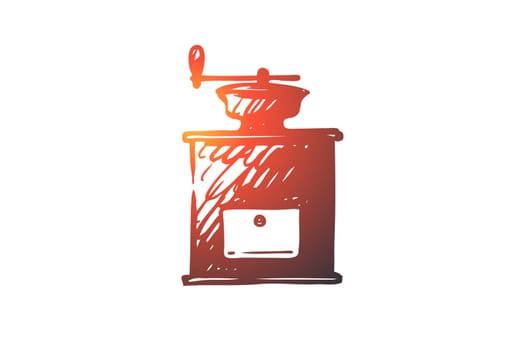 Coffee, grinder, mill, drink, cafe concept. Hand drawn old style coffee grinder concept sketch. Isolated vector illustration.