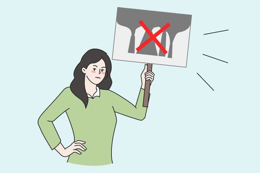 Woman activist with banner protest against plant air pollution. Female hold sign poster on demonstration, demand factory stop working. Environment and planet save, industrial polluting problem.