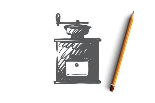 Coffee, grinder, mill, drink, cafe concept. Hand drawn old style coffee grinder concept sketch. Isolated vector illustration.