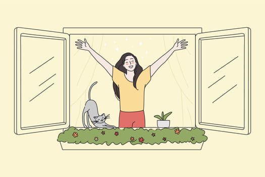 Happy young woman look out of window meet welcome new day breathe fresh air. Smiling millennial girl stretching in morning enjoy sunny weekend at home. Flat vector illustration. Thin line art sketch.