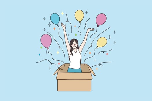 Happy young woman jump out of box with balloons make birthday surprise. Smiling millennial girl have fun greet congratulate man on anniversary. Celebration, party. Flat vector illustration.