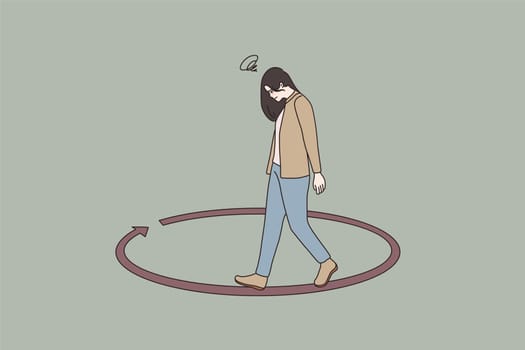 Unhappy sad woman walking in circle thinking and pondering over problem, making solution. Distressed female overthink, follow same life scenario. Comfort zone. Flat vector illustration.
