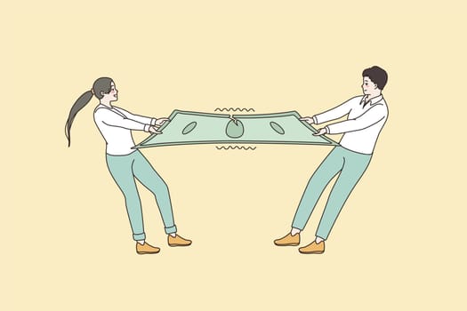 Man and woman tear banknote share budget money in family relationships. Couple spouses property separation. Financial problem concept. Breakup and divorce. Cartoon flat vector illustration.