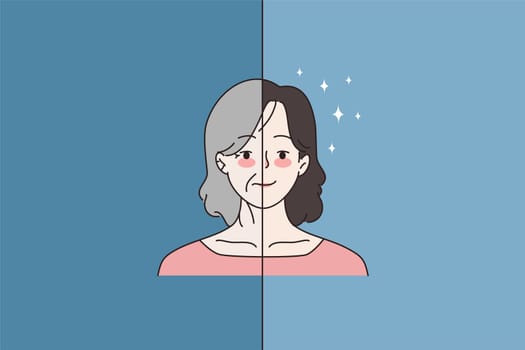 Woman before and after cosmetic facial surgery or beauty procedures. Female good face results after botox injections. Facelift rejuvenation, cosmetology concept. Cartoon flat vector illustration.