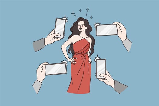 Beautiful woman star pose on red carpet for photographer reporters making pictures on smartphones. Smiling female celebrity on event photographed by journalists. Flat vector illustration.