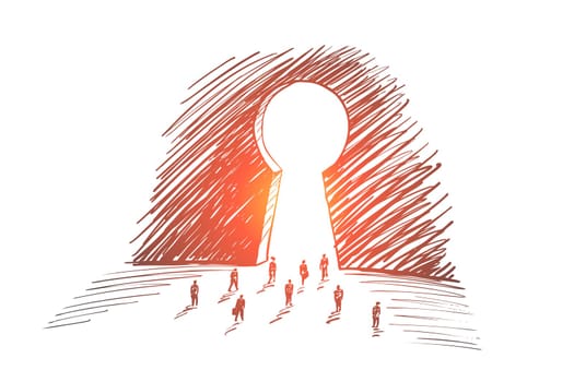 Vector hand drawn secret concept sketch with business people going towards huge keyhole