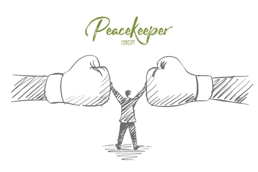 Vector hand drawn Peacekeeper concept sketch with man standing between two human fists and preventing them from fighting