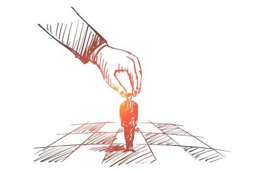 Vector hand drawn Strategy concept sketch with human hand touching and playing small businessman figure as chessman on chessboard