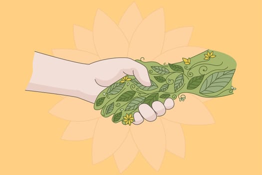 Human handshake green plant show care for nature
