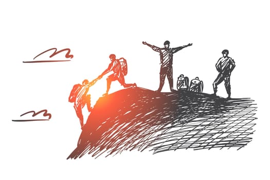 Vector hand drawn teamwork concept sketch with alpinist helping with hand another climber to reach mountain top and two people awaiting for them