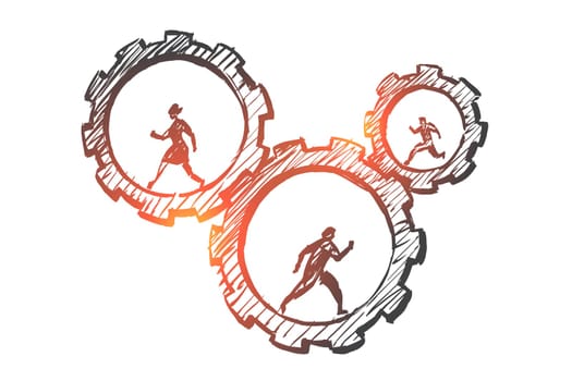 Vector hand drawn work concept sketch with business people running inside of cogwheels