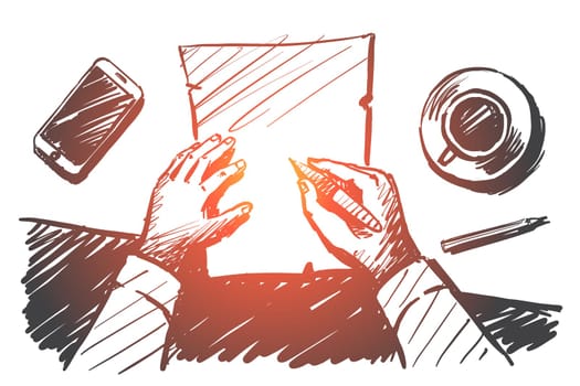 Vector hand drawn work time concept sketch with businessman hands above desktop making notes on paper notebook